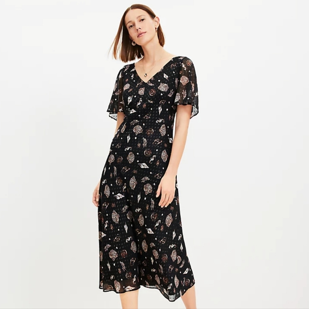 LOFT Metallic Clip Flutter Sleeve Midi Dress - Picture 2 of 6